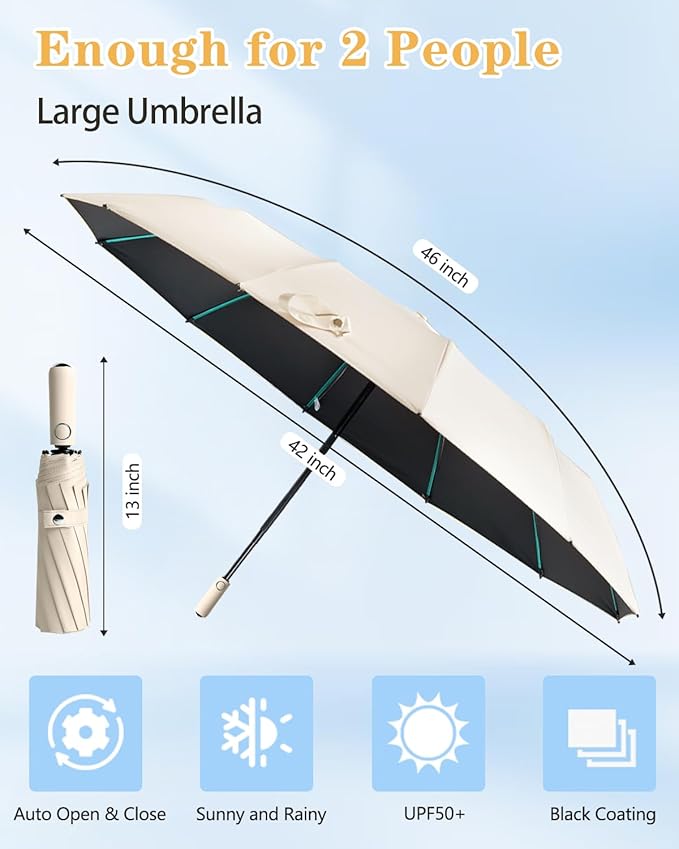 Large Double-Ribs Umbrella Automatic Folding Umbrella for Women Men, Travel, UPF 50+ UV Protection