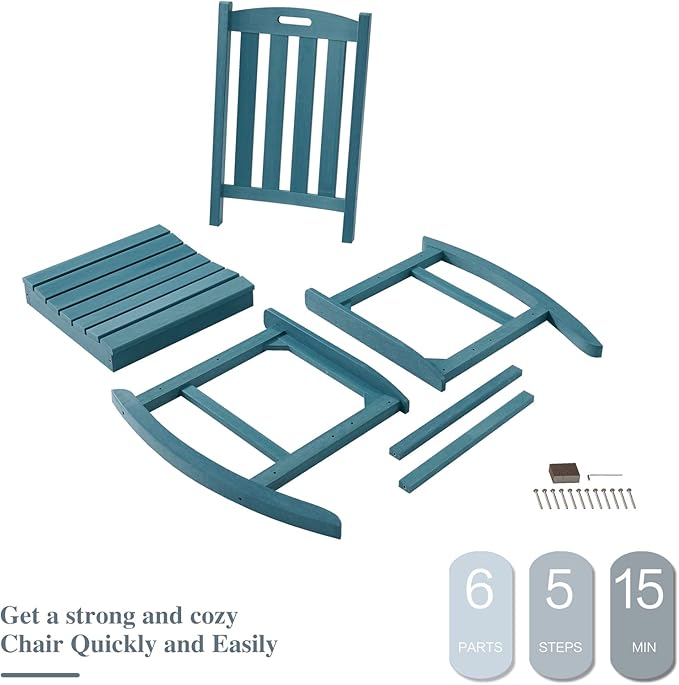 Psilvam Oversized Outdoor Rocking Chair Set of 2, Porch Rocker with 21" Wide Seat and 32" Tall Backrest, Pre-Assembled with Most Components for Effortless Installation (Blue)