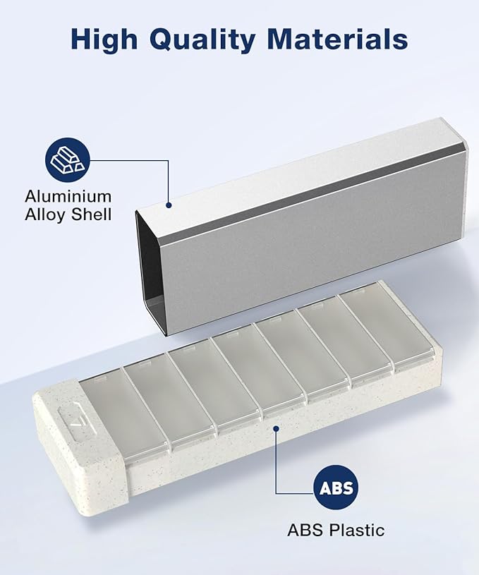 HEIYING 7 Days Pill Organizer with Aluminum Shell for One Week Capacity, Portable Metal Pill Case to Hold Vitamin, Medicine, Supplements