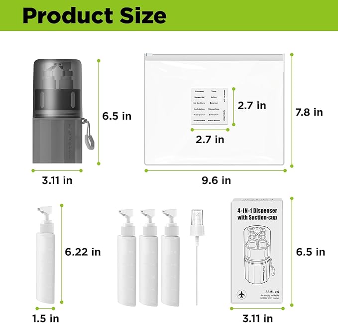 4 in 1 Travel Toiletry Containers,TSA Approved Refillable Travel Size Toiletries Bottles Set with Suction Cup for Smooth Walls - for Shampoo,Conditioner,Body Wash,Lotion.(Grey)