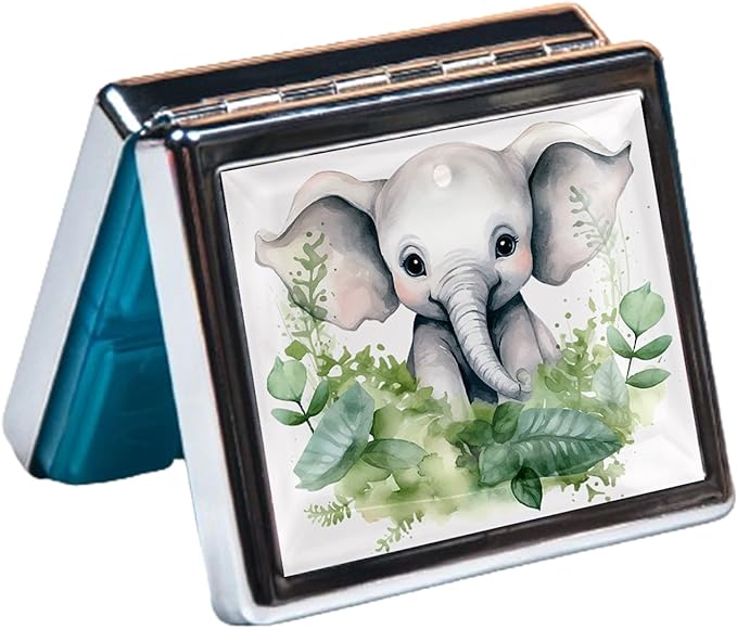 Silver Vintage Pill Box 7 Day Metal Pill Box with Mirror and 8 Compartments Cute Travel Pill Organizer for Purse (Elephant Baby)
