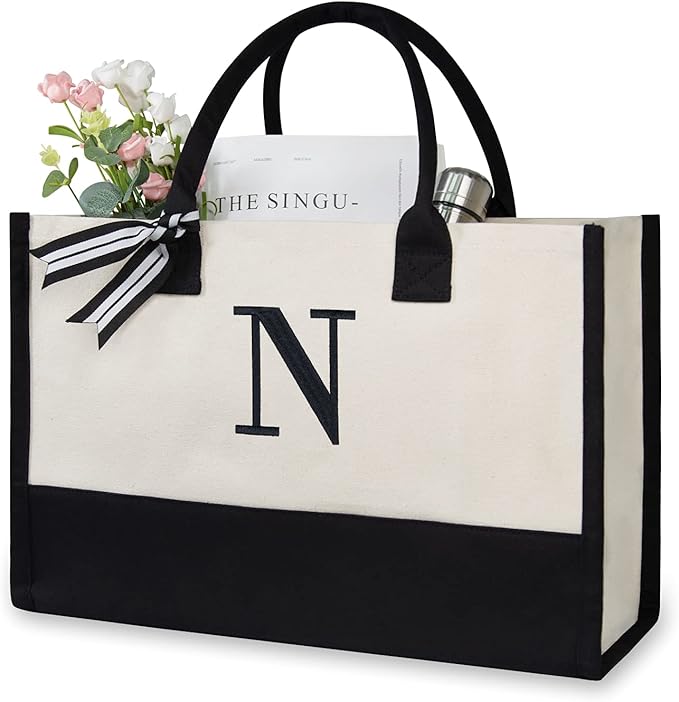 TOPDesign Embroidery Initial Canvas Tote Bag, Personalized Present Bag, Suitable for Wedding, Birthday, Beach, Holiday, is a Great Gift for Women, Mom, Teachers, Friends, Bridesmaids (Letter N)