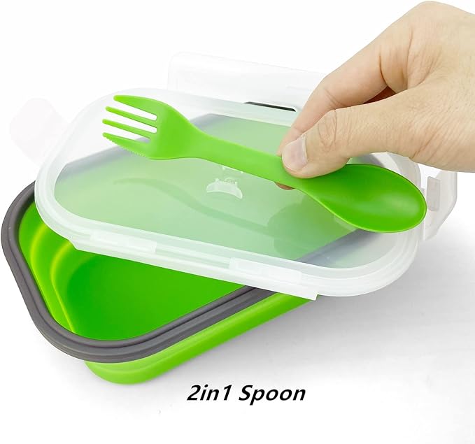 Green Food Grade Silicone Lunch Container Bento Box, Collapsible Food Storage Containers with Airtight Lids and 2in1 Fork, Reusable Food Container for Travel Camping, 1000ml Microwave Container