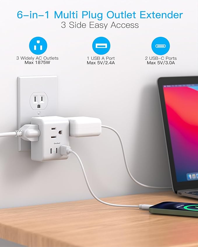 Multi Plug Outlet Extender, Power Strip Non Surge Protector Electric Outlet Splitter with 3 USB Wall Charger (2 USB C), Multiple Outlet Expander for Cruise, Dorm, Travel, Home, Office(White)