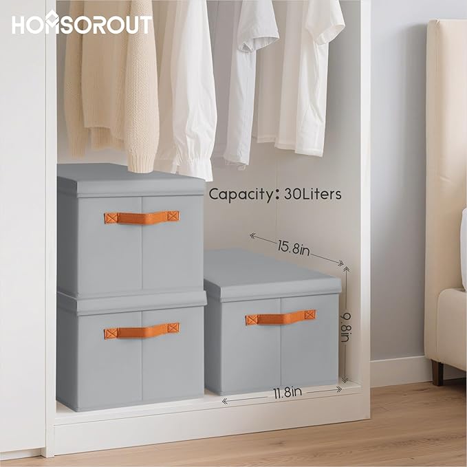 Storage Bins with Lids - Large Fabric Closet Bins with Lid, 8 Pack Clothes Organizers and Storage, Collapsible Stackable Cube Basket for Home, Office, Dorm, Grey