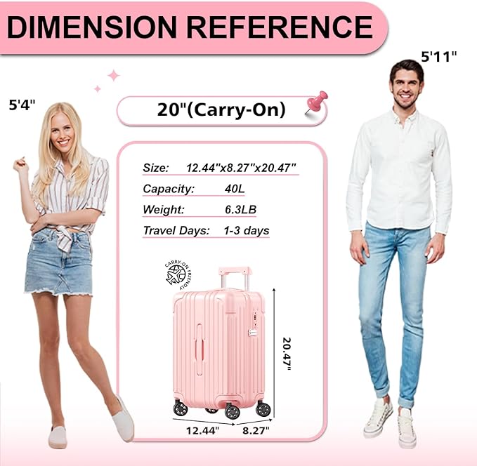 Krute Carry on Luggage PC+ABS Suitcases with Double Spinner Wheels 22x14x9 Airline Approved Luggage with TSA Lock 20 Inch (Pink)