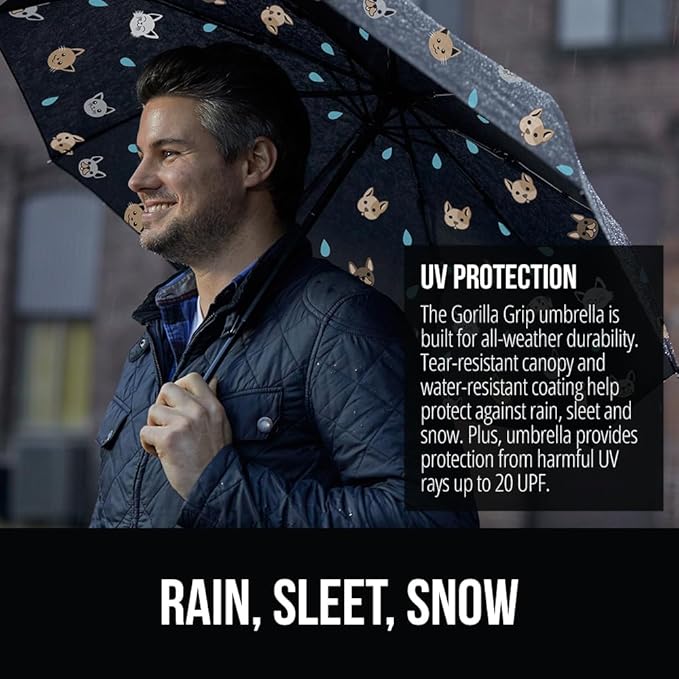 GORILLA GRIP Strong Stick Umbrella for Rain, Compact Travel One-Click Automatic Open Close, Lightweight, Portable, US Designed Reinforced Fiberglass Ribs, Wind Resistant, Easy Collapse, Cats Dogs