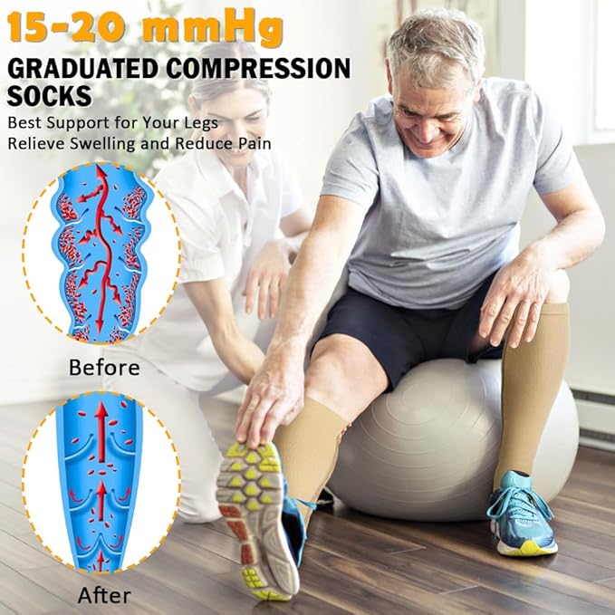 CASMON 2 Pairs Zipper Compression Socks for Women & Men,15-20 mmHg Closed Toe Knee High Support Sock for Varicose Vein Edema