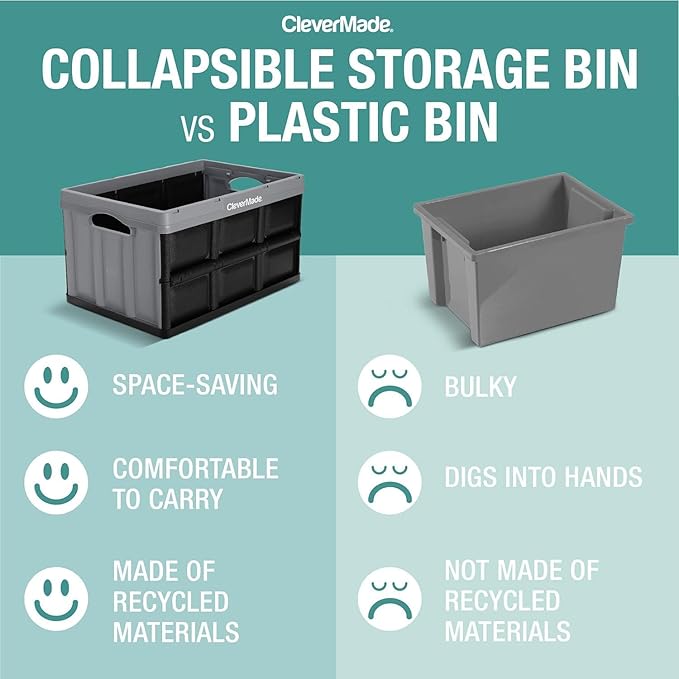 CleverMade Collapsible Storage Bins - Ocean 3 Pack 62L / 16 Gal holds 100 lbs - Stackable Containers Heavy Duty Capacity Crates-Space-Saving