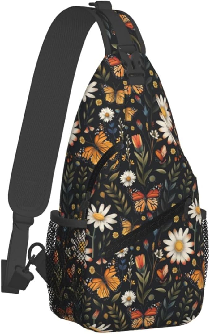 SUPLUCHOM Sling Bag Vintage Butterfly Daisy Leaf Hiking Daypack Crossbody Shoulder Backpack Travel Chest Pack for Men Women
