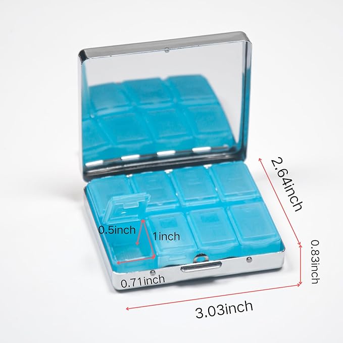 Silver Vintage Pill Box 7 Day Metal Pill Box with Mirror and 8 Compartments Cute Travel Pill Organizer for Purse (Vintage Label)