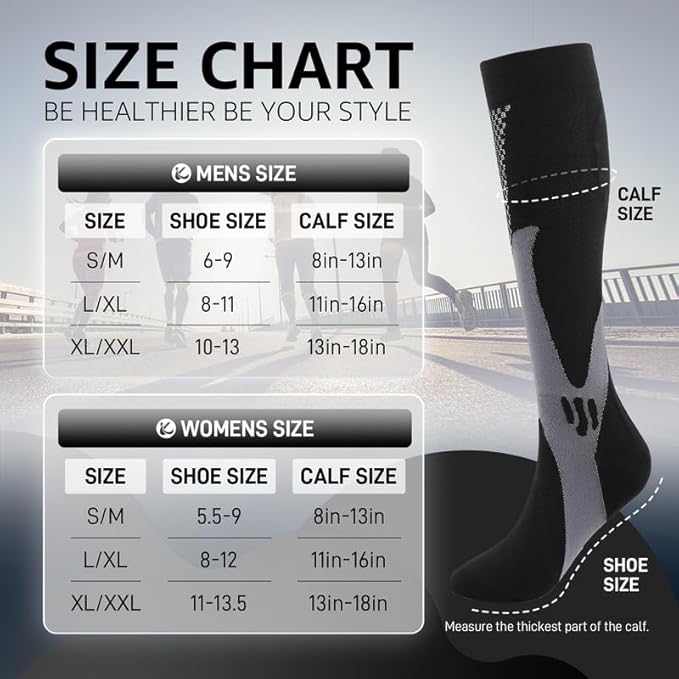 Kickticks 4 Pairs Compression Socks for Woman & Man Unisex 20-30mmHg Knee high Plus Size Wide Calves for Flying Running…