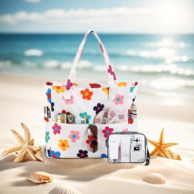 CAMTOP Waterproof Beach Tote Bag for Women Girls with Zipper Foldable Sandproof Pool Swim Bag Travel Carry On Gym
