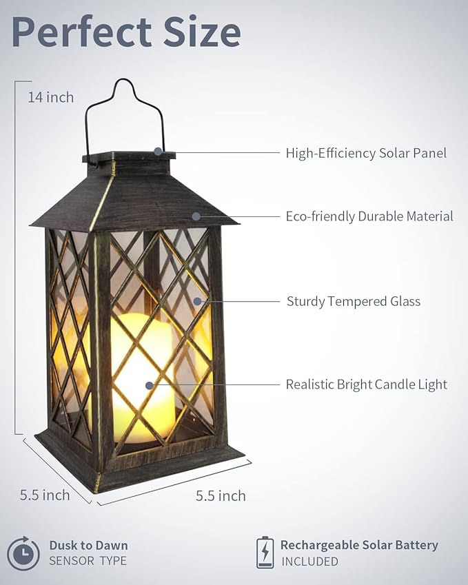 SHYMERY Solar Lantern,Outdoor Garden Hanging Lanterns,2 Pack 14 Inch Lasts 3X Longer 10 lumens Waterproof LED Flickering Flameless Candle Mission Lights for Table,Outdoor,Party Decorative