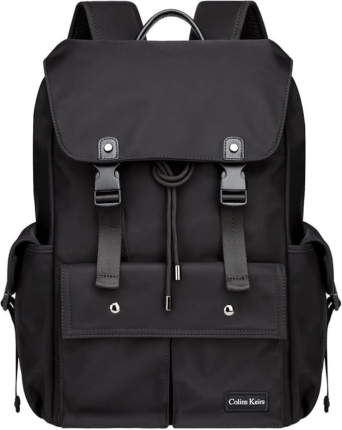 Black backpack for men, 16 inch laptop backpack with computer compartment, Drawstring slim waterproof tech backpack for travel, work, college or daily use, Large 30 L
