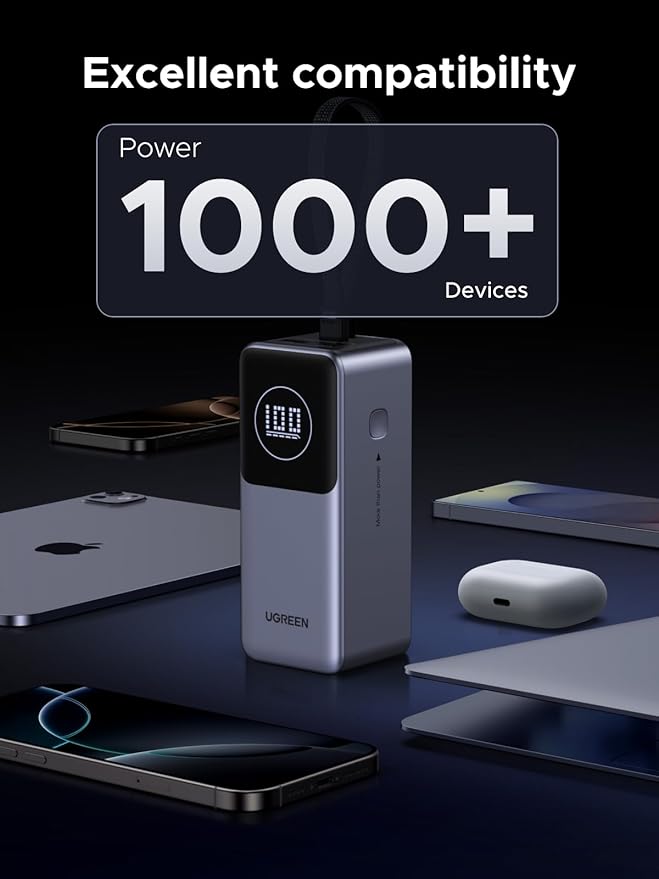 UGREEN Nexode Power Bank 20000mAh 130W with Built-in USB C Cable Laptop Travel Portable Charger, 80W Input, Fast Charging for MacBook Pro/Air/iPhone 16/iPad Pro/Galaxy S25 Ultra/Dell/HP and More