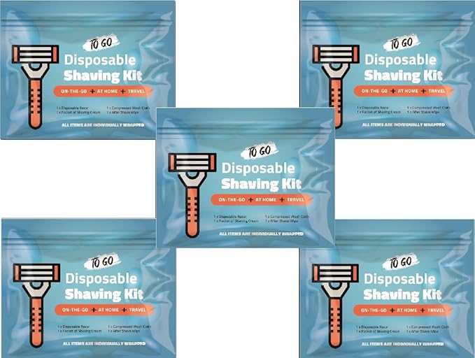 Shaving Kit with Razor, Shaving Cream, Washcloth & Aftershave Wipe – Men’s Travel Shave Set for Hotels, Shelters & Outreach – Disposable Grooming Pack (Blue) (5)