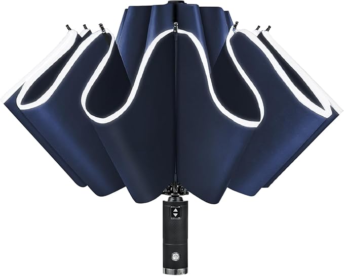 Lejorain Compact Inverted Reflective Umbrella - Automatic Folding Reverse LED Umbrella Travel Windproof Umbrellas for Rain