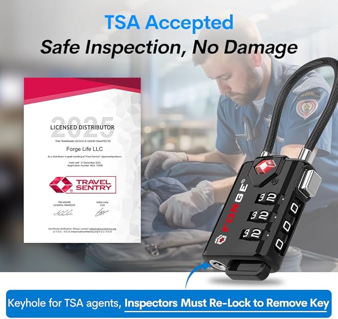 TSA Approved Cable Luggage Locks, Re-settable Combination with Alloy Body