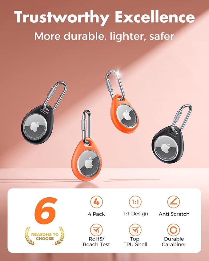 UNBREAKcable AirTag Holder for Apple - 4 Pack Air Tag Case [Professional Carabiner] [Waterproof] [Shockproof] TPU AirTag Keychain for Kids, Pets, Keys, Luggage, Backpacks