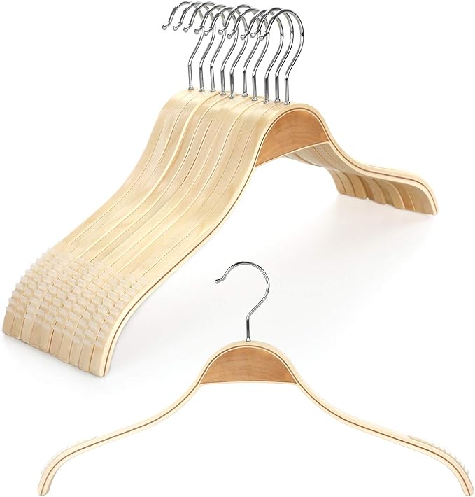 TOPIA HANGER Slim Natural Wood Hangers with Extra Soft Non-Slip Rubber Grips, 10-Pack High-Grade Fashion Hanger No Shoulder Bump for Sweater, Camisole, Jacket, Dress, Coat -CT15N