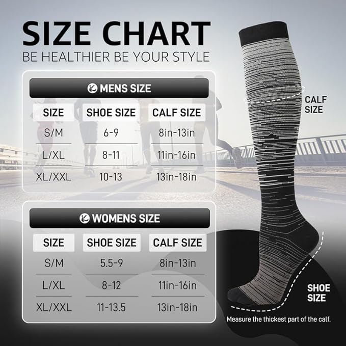 Kickticks 4 Pairs Compression Socks for Woman & Man Unisex 20-30mmHg Knee high Plus Size Wide Calves for Flying Running…