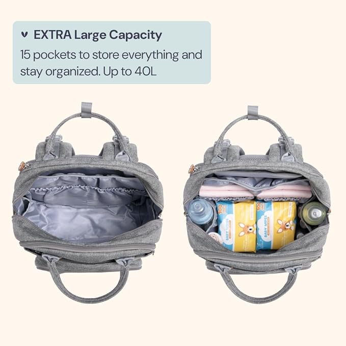 BabbleRoo Extra Large Diaper Bag Backpack, Expandable Baby Bag with Up to 50% More Capacity - Travel Essentials Baby Bag Tote with Changing Pad, Stroller Straps & Pacifier Case - Unisex, Light Gray
