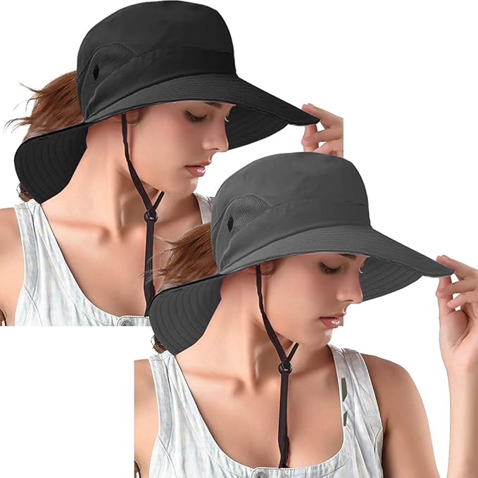 Rosoz Ponytail Sun Bucket Hats for Women UV Protection Foldable Mesh Wide Brim Hiking Beach Fishing Summer Safari