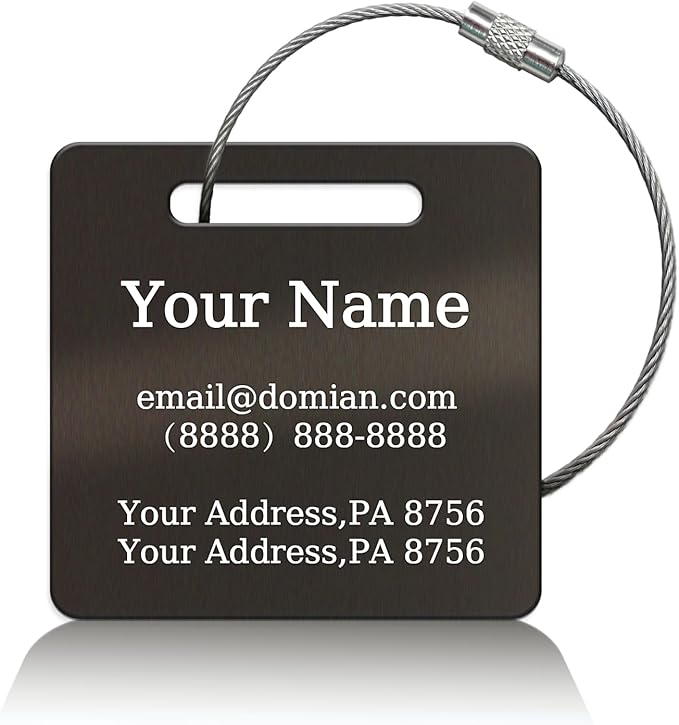 （2-Pack） Stainless Steel Custom Luggage Tags - Laser Engraved Personalized Travel Tags - Custom Name Identification Tags: for Suitcases, Backpacks, Bags and More (Black)