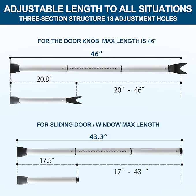 2 Pack Rerishom Door Security Bar, Door Stoppers Security bar,Heavy Duty Door Lock Security Door Jammer Door Stopper for Apartment, Hotel Room,Screen Door Hardware, Gate Lock Bar