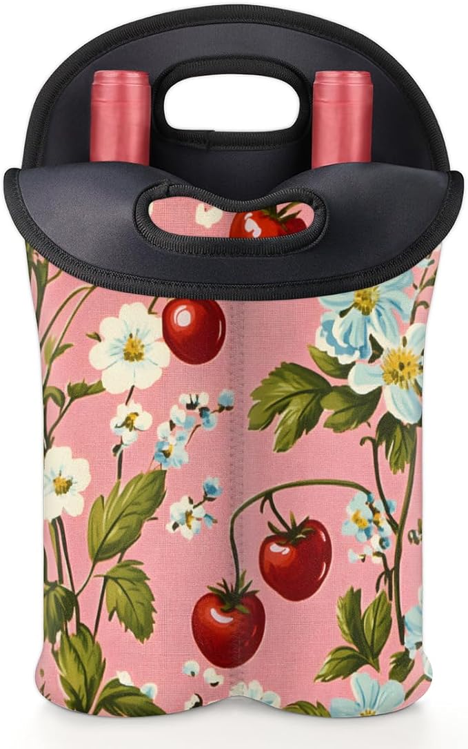Neoprene Wine Tote, Bottle Carrier Gag Insulating Neoprene Thicker, Insulated Wine Bag for Travel Holds Two Bottles, Bottle Carrier Bags Protect the Bottles, Flower Cherry