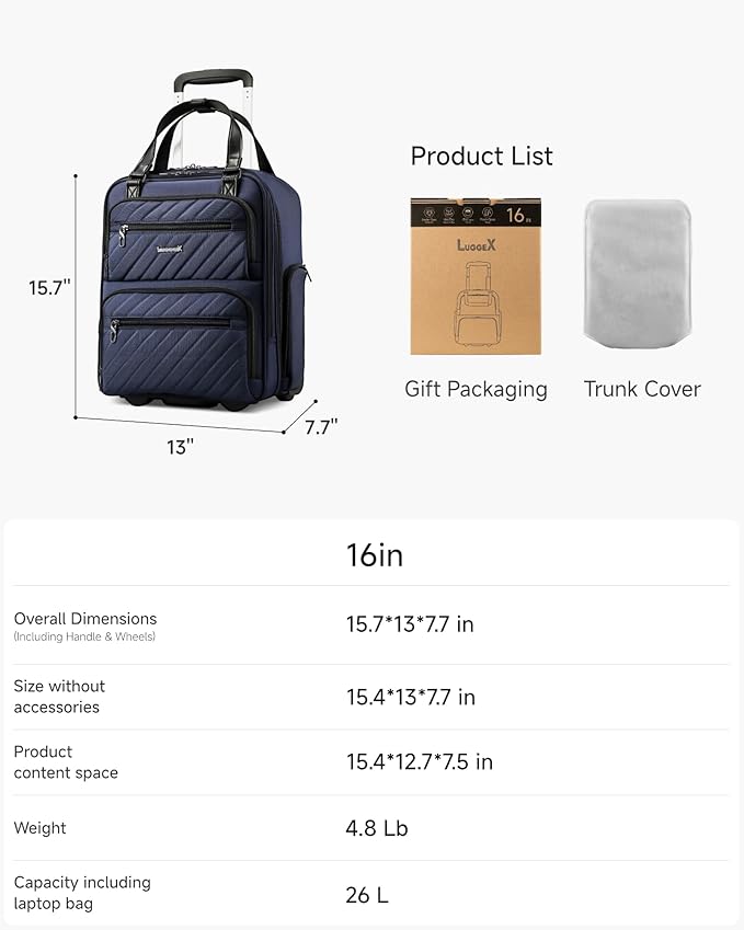 LUGGEX Underseat Carry On Luggage with Wheels, Stylish Lightweight Under Seat Luggage, Soft Sided Personal Item Suitcase for Short Trip (Blue Black, 16 Inch)