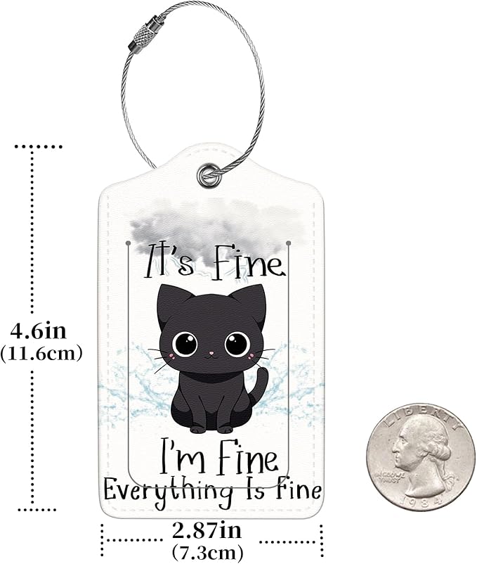 2 Pcs Luggage Tags for Suitcase, Cute Unique PU Leather Travel Bag Tag with Privacy Cover ID Label Address Card and Durable Metal Ring Suitable for Men Women Children Backpack,Cat Under A Dark Cloud