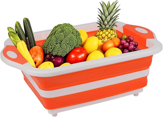 Collapsible BBQ Prep Tub/Cutting Board 10L, Foldable Dish Tub with Colander, Portable Camping Sink, Multifunction Dishing Basin Bucket Wash Tub for Kitchen Fruit Vegetable Picnic (Orange)