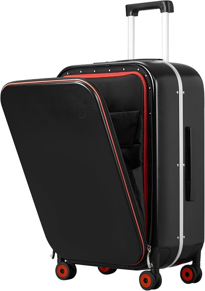 mixi Luggage Suitcase with Spinner Wheels, 24'' Checked Travel Luggage Aluminum Frame PC Hardside with TSA Lock & Cover - Black Hollow Wheel