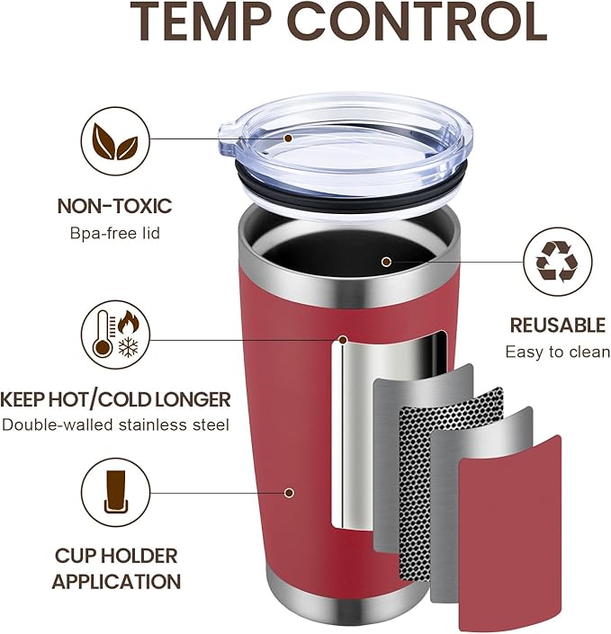 MEWAY 20oz Tumbler 4 Pack Double Wall Vacuum Insulated Travel Mug Bulk, Stainless Steel Tumblers with Lid and Straw, Powder Coated Coffee Cups for Cold & Hot Drinks (Red, Set of 4)