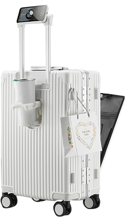 feilario 20in Aluminium Frame PC Hard Shell Spinner Wheels Luggage, Built-In TSA lock Carry on Suitcase, with Cup Holder, USB Port, Phone Holder ﻿