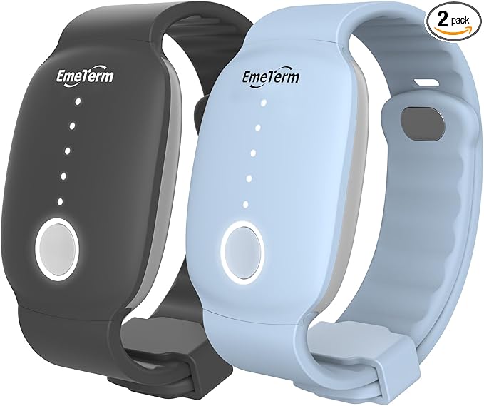 EmeTerm Fashion FDA-Cleared Relieve Nausea Electrode Stimulator Morning Sickness Motion Travel Sickness Vomit Relief Rechargeable No Gel Drug Free Wristbands Without Side Effects (2 Pack)
