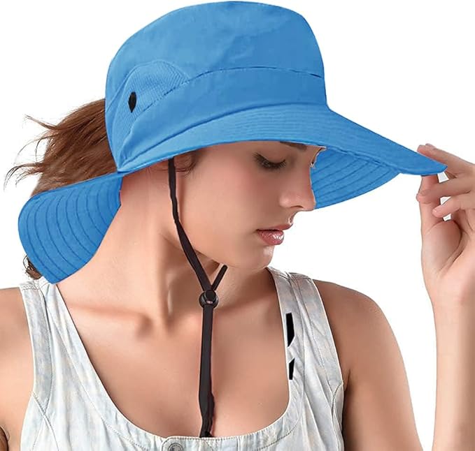 Rosoz Ponytail Sun Bucket Hats for Women UV Protection Foldable Mesh Wide Brim Hiking Beach Fishing Summer Safari