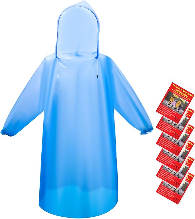 Bruvoalon 6 & 20 Pack Disposable Rain Ponchos for Adults/Youth, Waterproof PE Raincoats with Drawstring, Camping/Emergency