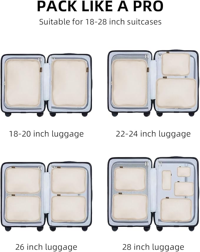 6 Set Compression Packing Cubes for Travel, Large Medium Small Luggage Organizers, Storage Bags for Clothes (6 Pack, Cream White)