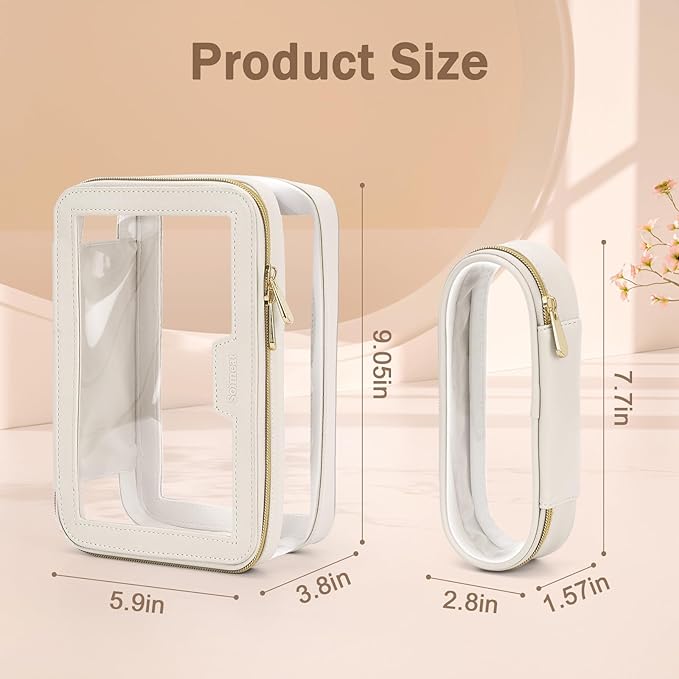 Travel Clear Makeup Bag with Makeup Brush Bag, Leather Make up Case Toiletry Bag, Portable Cosmetic Bag Case, Transparent Waterproof Cosmetic Organizer Storage Bag for Women, Off-White