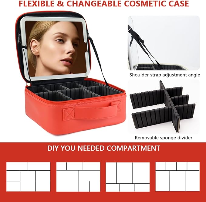 Travel Makeup Bag for Makeup Artists Large Makeup Case,with Mirror 3 Color Setting and Detachable 10x Magnifying Mirror Travel Makeup Bag,Portable Storage and Adjustable Dividers（red）