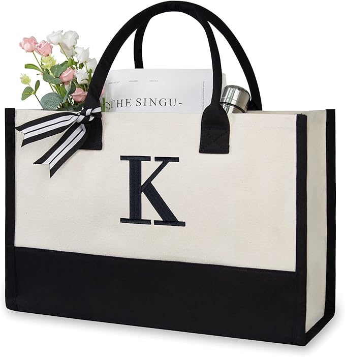 TOPDesign Embroidery Initial Canvas Tote Bag, Personalized Present Suitable for Wedding, Birthday, Beach, Holiday, is a Great Gift Women, Mom, Teachers, Friends, Bridesmaids (Letter K)