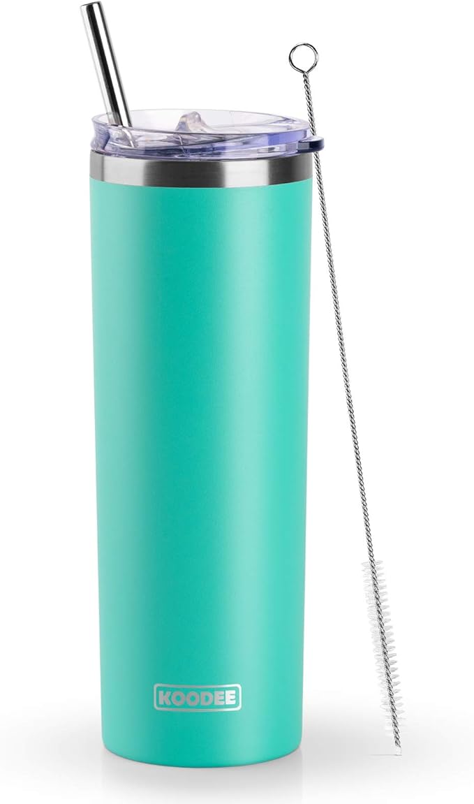 koodee 20 oz Skinny Tumbler Stainless Steel Double Wall Insulated Water Tumbler Cup with Lid and Straw, Slim Travel for Women/Men Diy Birthday Gift (Teal)