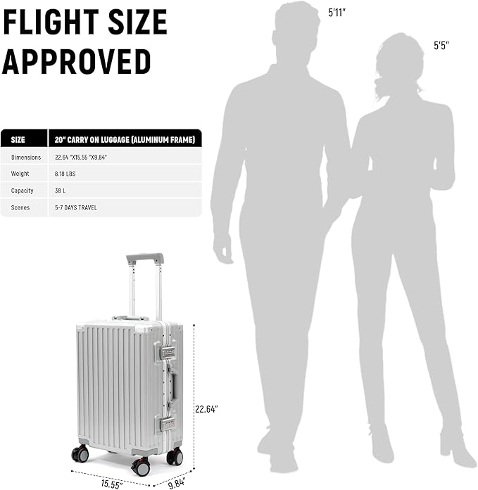 UrbanExplorer 20 Inch Carry On Luggage Aluminum Frame Airline Approved, Zipperless Luggage Carry On TSA Approved ABS+PC Hard Shell Suitcases, Lightweight Carry-On Suitcase with Cup Holder, Sliver