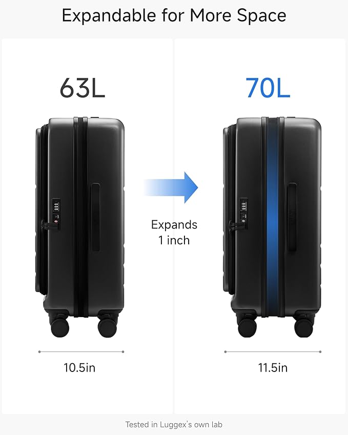 LUGGEX Checked Luggage with Spinner Wheels, FLO5 Expandable Polycarbonate Hard Shell Suitcase with TSA Approved Lock (FX-Core, Black, 24 Inch)