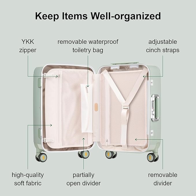 LEVEL8 Zipperless Carry On Luggage Airline Approved with Aluminum Frame, Cute Hardside Suitcase with Spinner Wheels, Metal Rolling Travel Case with Tsa Locks, 20 Inch, Light Green