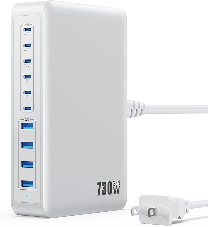 730W USB C Charger Block,10-Ports GaN V Fast Charging Station Hub,QC4.0+Three PD 100W Laptop Charger Wall Power Adapter for MacBook Pro/Air,DELL,iPhone 17/16/15,iPad,Galaxy S25,Pixel,Steam Desk etc
