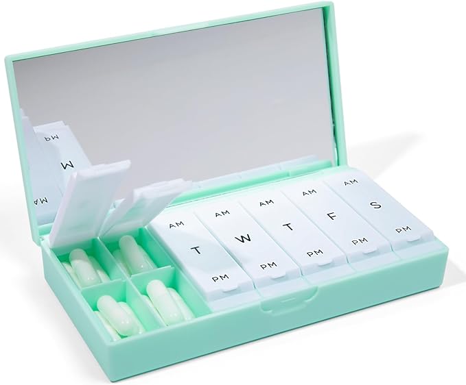 PORT X POLISH Designer Weekly Pill Box Organizer (AM/PM 2X Daily, Mint) | Compact, Stylish 7-Day Vitamin Supplement Case | Cute Portable Mini Travel Medicine Carrier | BPA-Free Pillbox Caddy